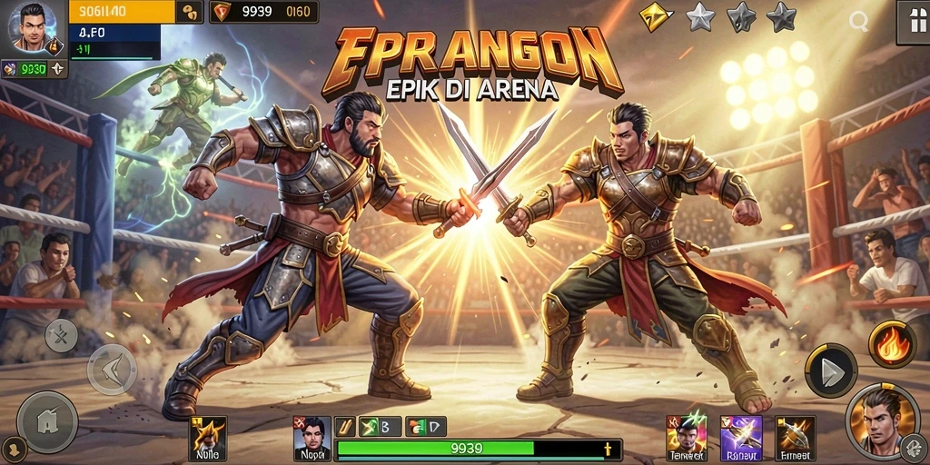 Gameplay intens di arena pertarungan 9939 dengan karakter yang beraksi.
