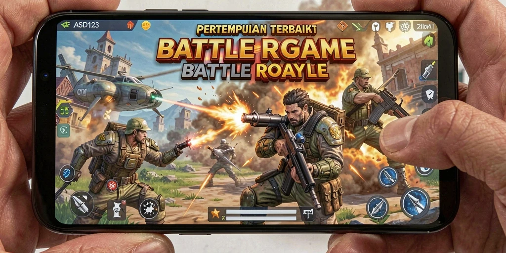 Screenshot utama gameplay ASD123 menampilkan aksi pertarungan Battle Royale.