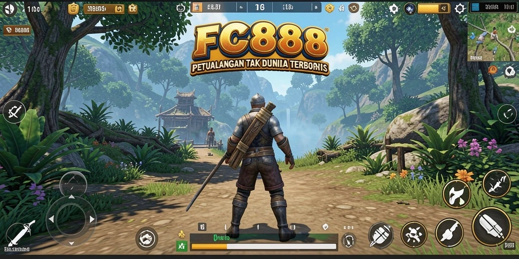Tampilan gameplay FC888 yang menunjukkan petualangan di dunia terbuka.