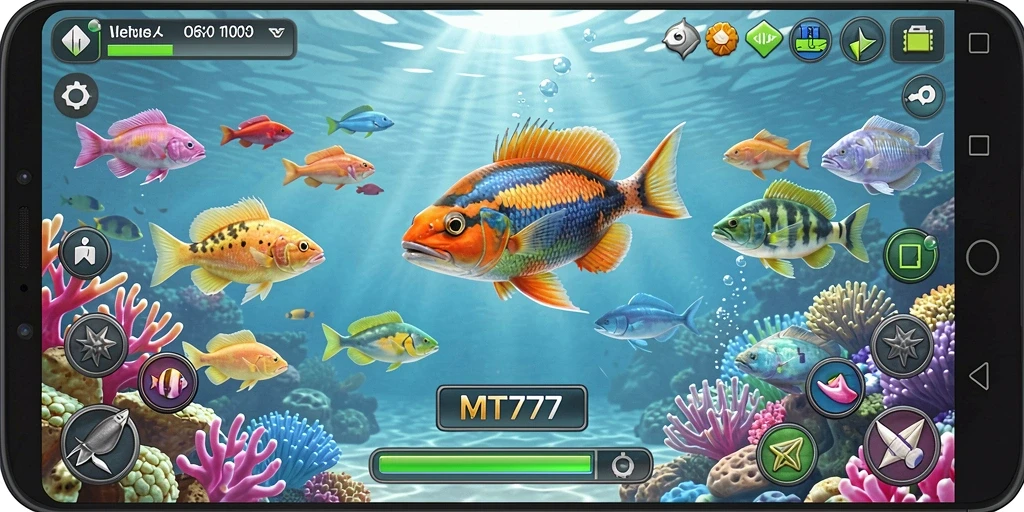 Tampilan gameplay MT777 dengan aksi menembak ikan yang seru.