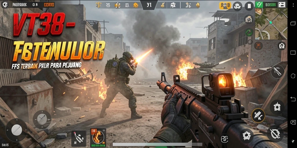 Screenshot VT38 yang menunjukkan aksi tembak-menembak FPS yang mendebarkan.